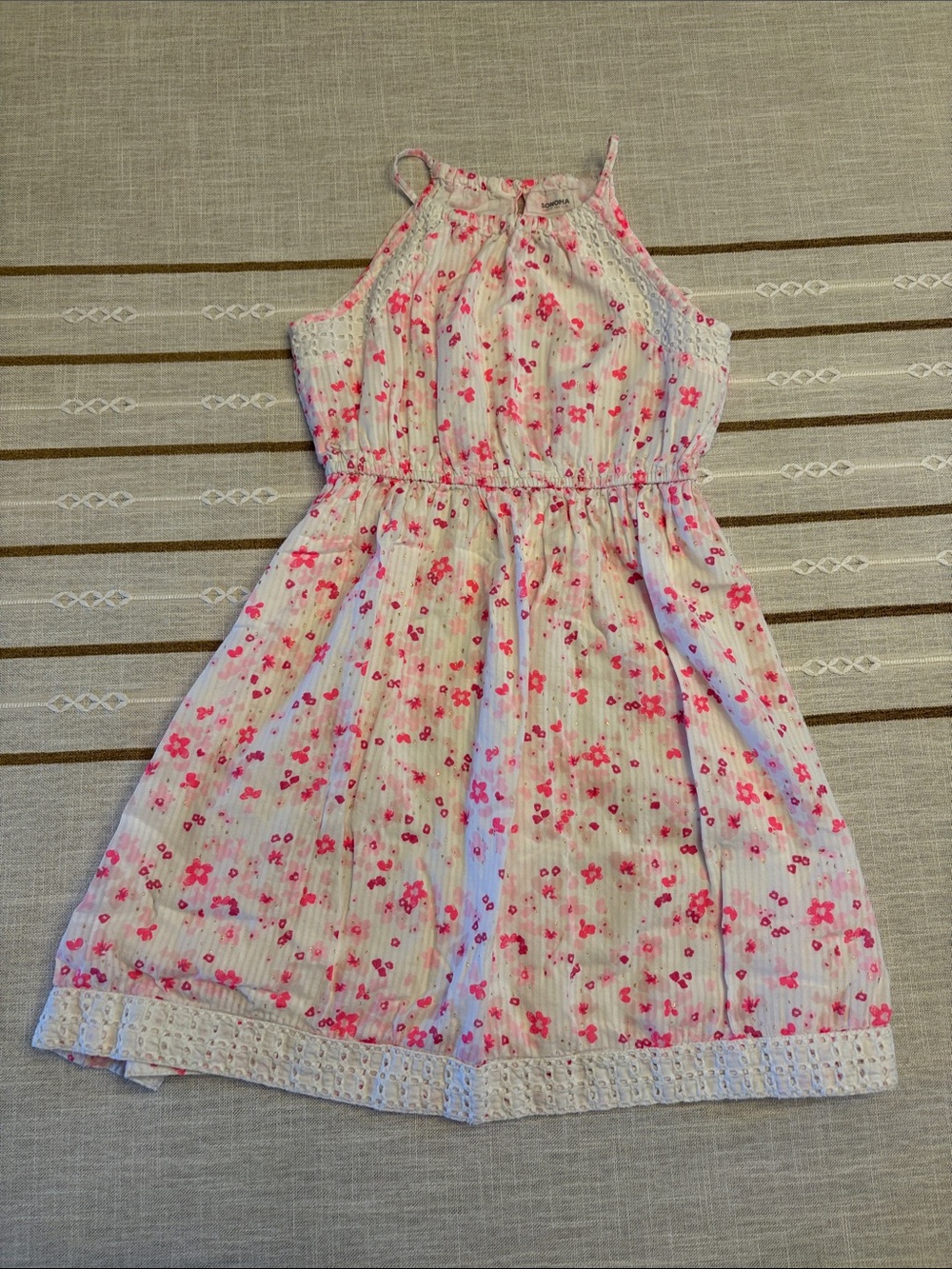Girls' White Halter Dress with Pink Floral Print